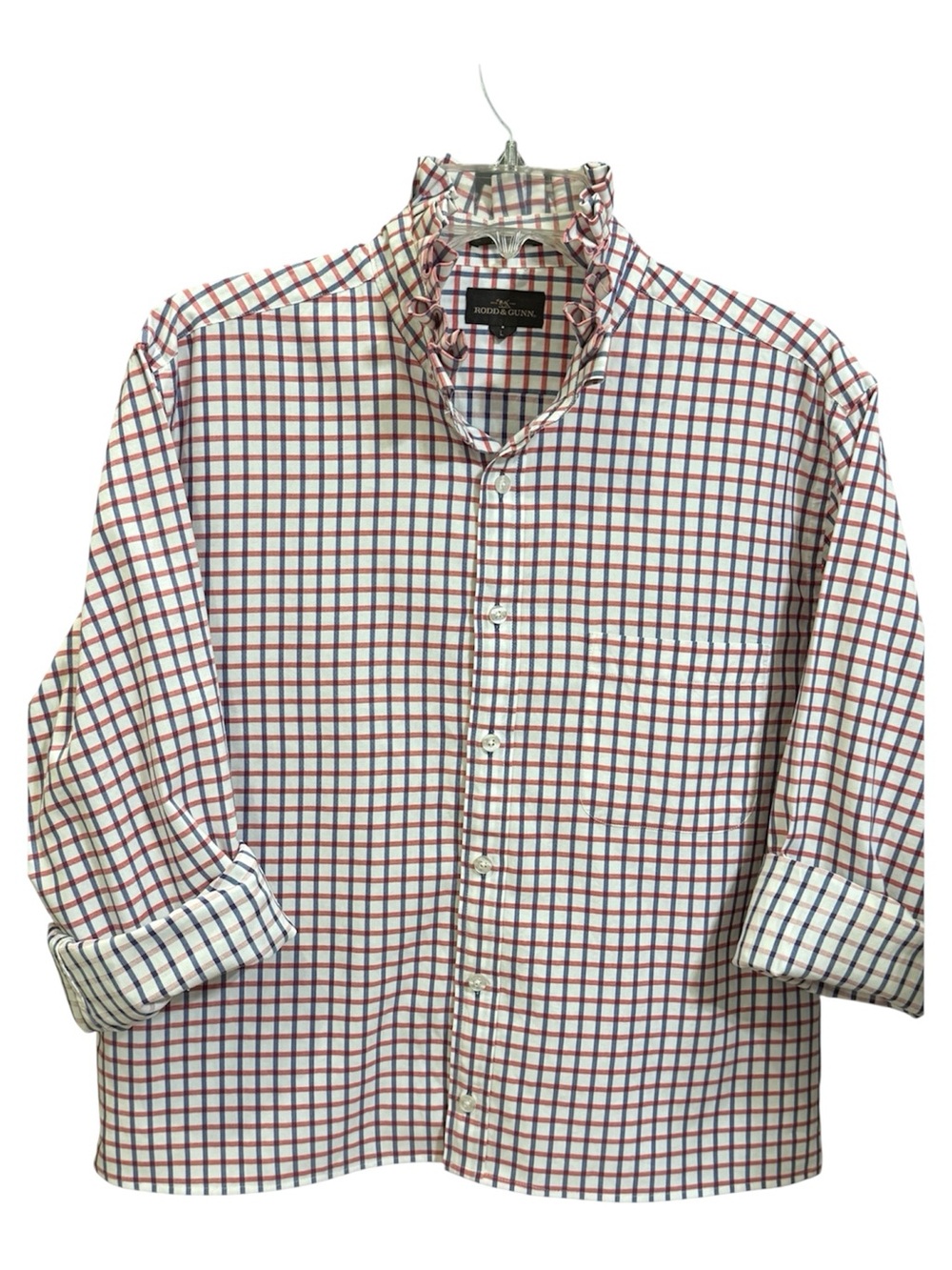 VIRAL Upcycled Rodd & Gunn Red White &  Blue Stripe Ruffle Collar Shirt S/M